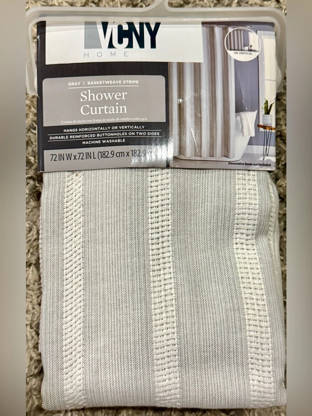 VCNY Hone Gray Basketweave Stripe Premium Shower Curtain 72x72